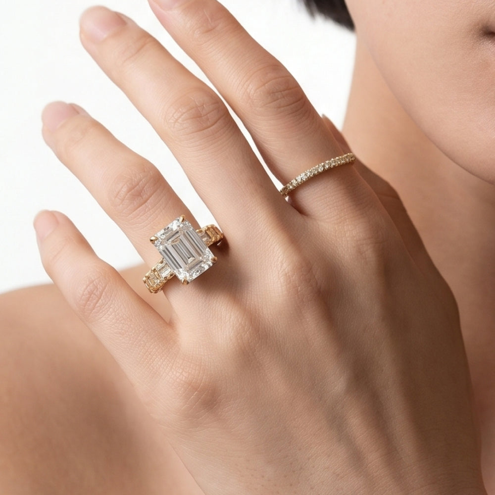 Radiant Cut Elegance Two Row Baguette Studded Engagement Ring (E+ VVS+) with Lab Grown Diamond in 14KT Platinum view 5
