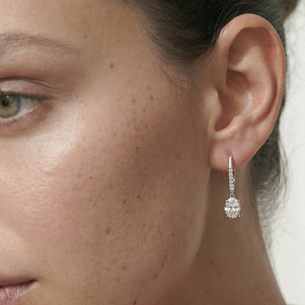 Oval Drop Studded Lever Back Earrings with 14KT White Gold / Lab / 1 1/10 Cut Diamond in 14KT White Gold / Lab / 1 1/10 view 2
