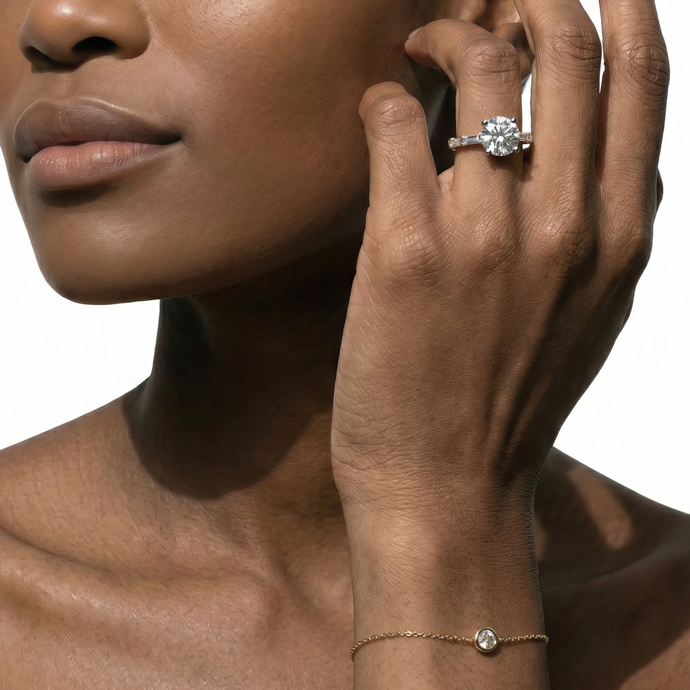 Round Cut Petite Baguette Studded Engagement Ring with Lab Grown Diamond in 14KT Yellow Gold view 2
