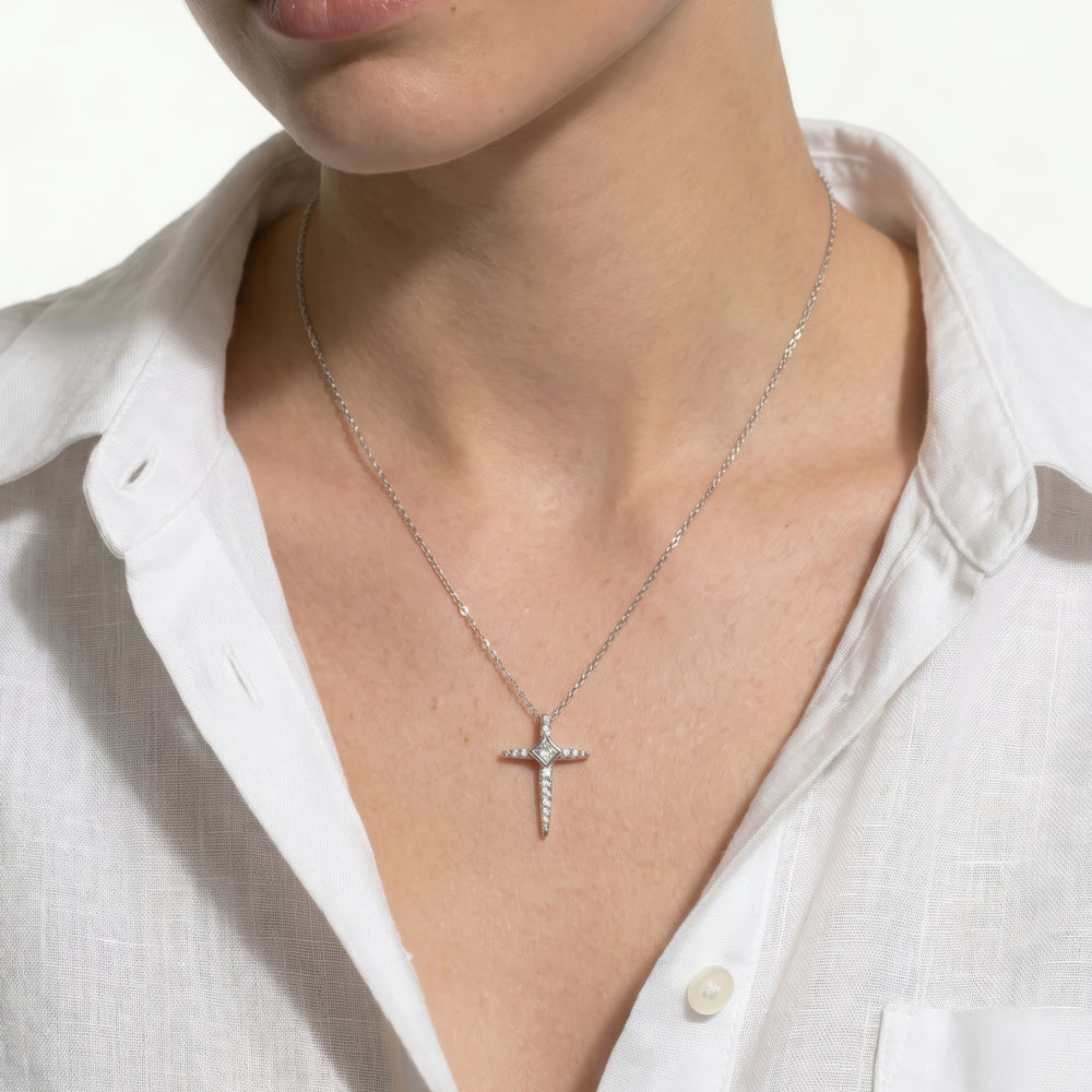 Pointed Lab Created Diamond Cross Pendant with 14KT White Gold / Lab / 1/8 Cut Diamond in 14KT White Gold / Lab / 1/8 view 2
