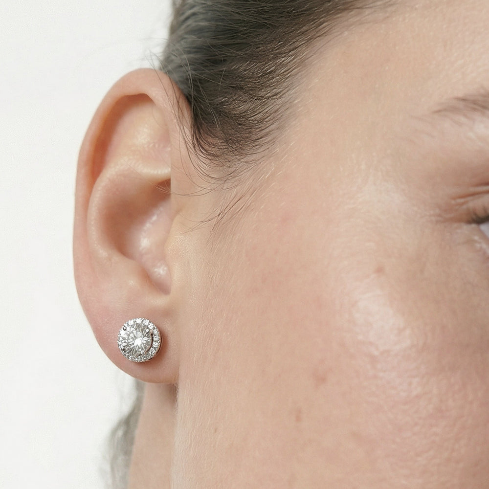 Round Diamond Halo Earrings with 14KT Yellow Gold / Lab / 2 1/3 Cut Diamond in 14KT Yellow Gold / Lab / 2 1/3 view 2
