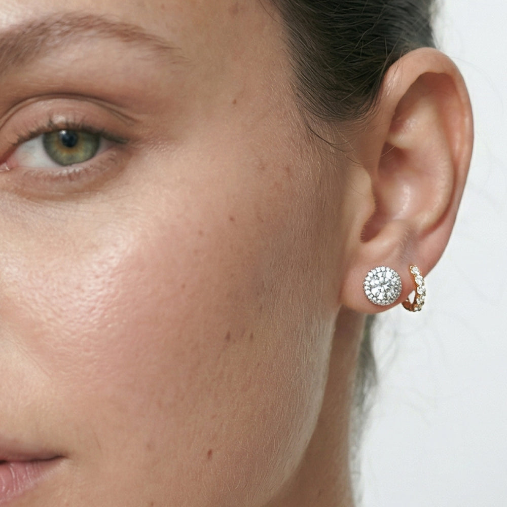 Round Diamond Halo Earrings with 14KT Yellow Gold / Lab / 2 1/3 Cut Diamond in 14KT Yellow Gold / Lab / 2 1/3 view 3
