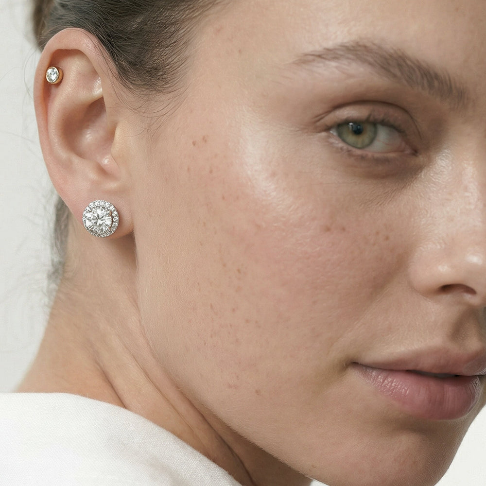 Round Diamond Halo Earrings with 14KT Yellow Gold / Lab / 4 5/8 Cut Diamond in 14KT Yellow Gold / Lab / 4 5/8 view 3
