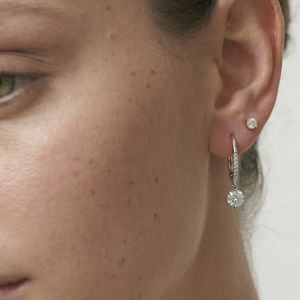 Studded Leverback Round Kite Set Diamond Dangler Earrings with 14KT White Gold / Lab / 1 1/10 Cut Diamond in 14KT White Gold / Lab / 1 1/10 view 3
