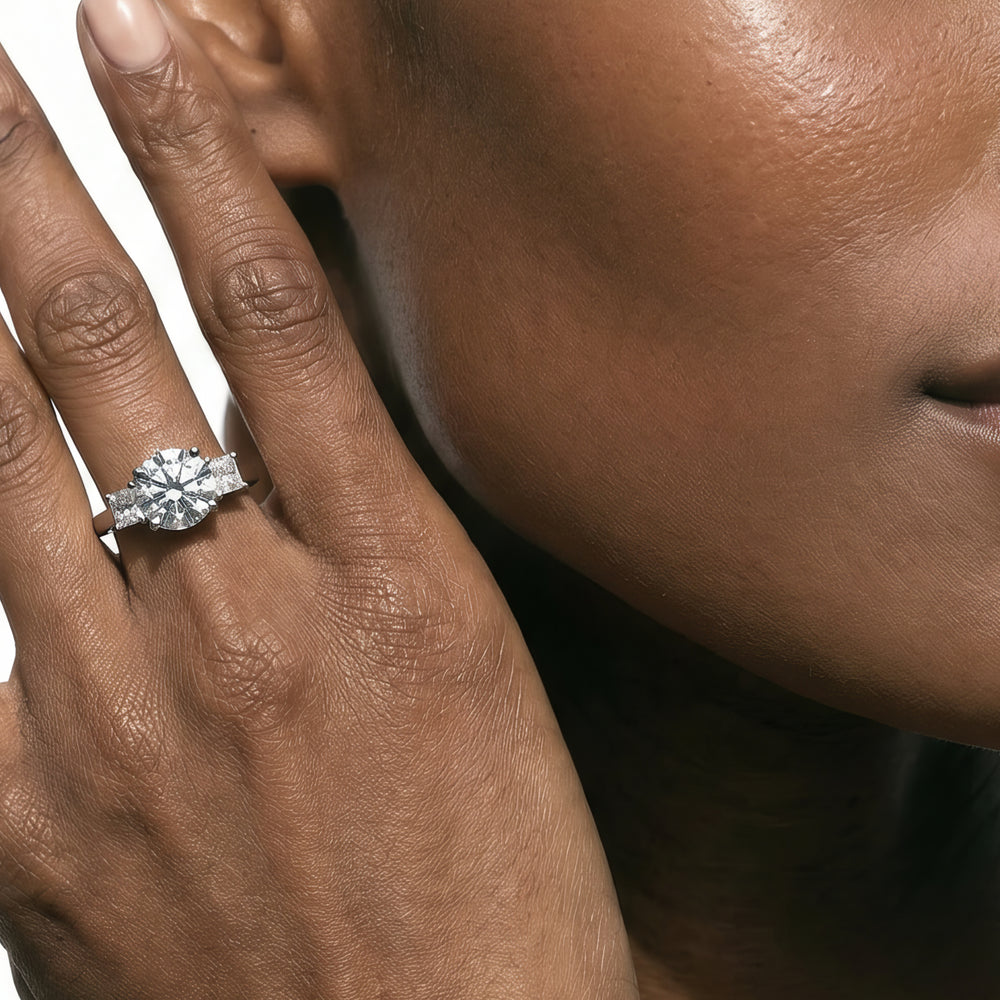 Three Stone Kite Gallery Classic Engagement Ring with Oval Cut Diamond in 14KT Yellow Gold view 2

