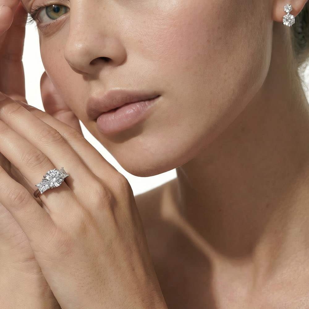 Three Stone Kite Gallery Classic Engagement Ring with Oval Cut Diamond in 14KT Yellow Gold view 3
