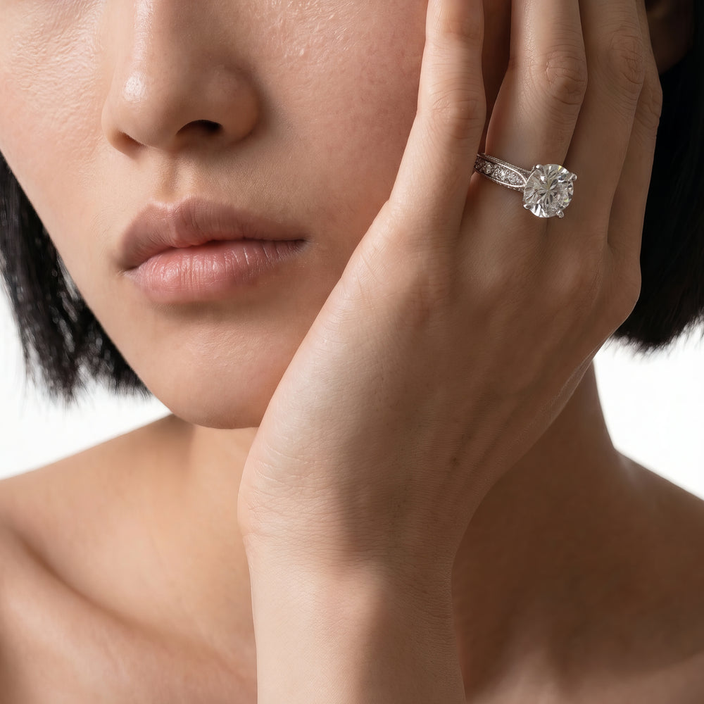 Round Cut Vintage Hidden Halo Chevron Engagement Ring with Lab Grown Diamond in 14KT Rose Gold view 2
