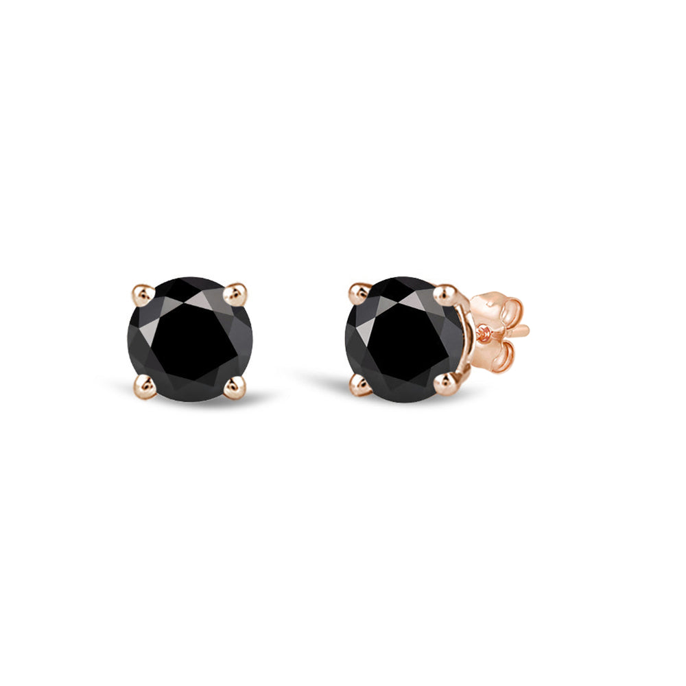 Classic Round Natural Black Diamond Four Prong Stud Earrings with 14KT Rose Gold / 1/2 Cut Diamond in 14KT Rose Gold / 1/2 view 1
