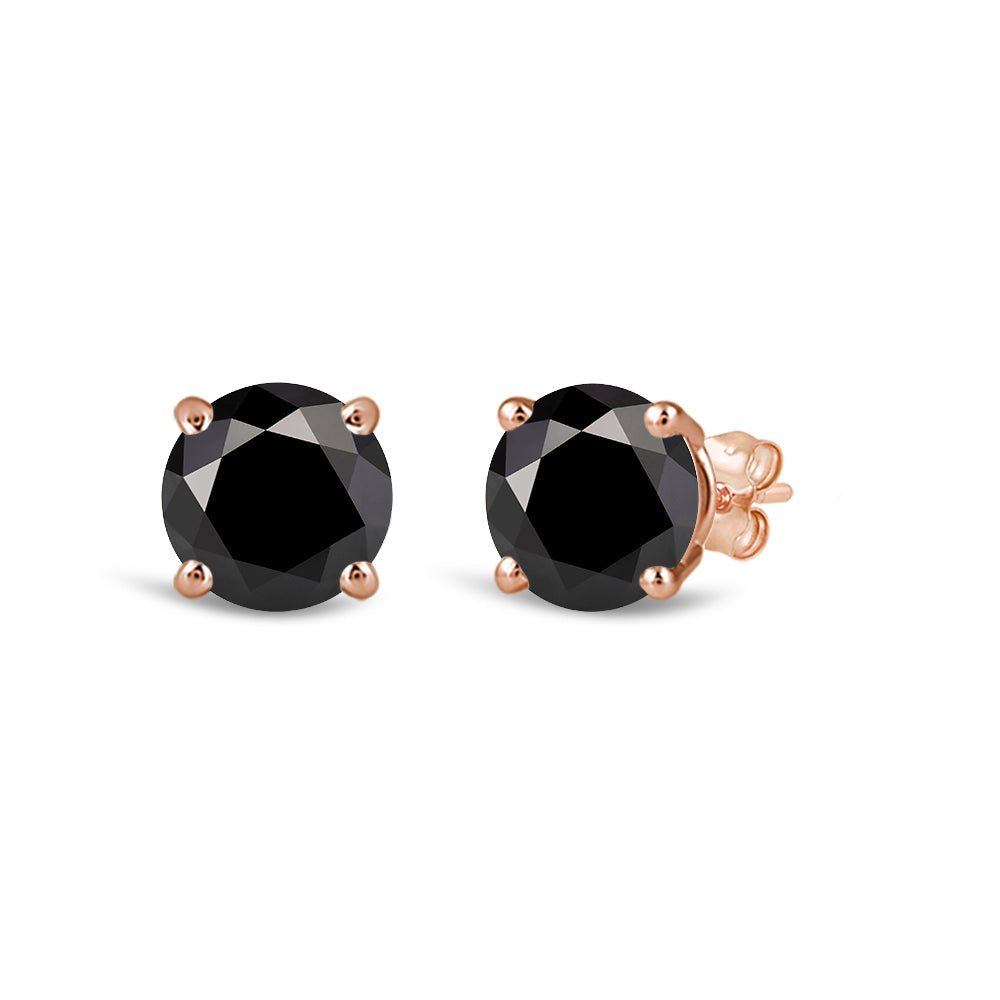 Classic Round Natural Black Diamond Four Prong Stud Earrings with 14KT Rose Gold / 1 1/2 Cut Diamond in 14KT Rose Gold / 1 1/2 view 1
