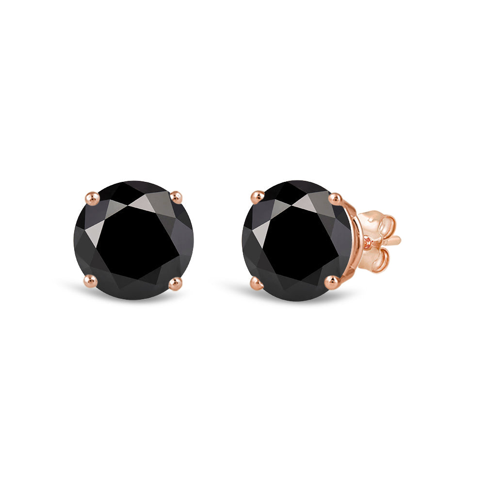 Classic Round Natural Black Diamond Four Prong Stud Earrings with 14KT Rose Gold / 2 Cut Diamond in 14KT Rose Gold / 2 view 1
