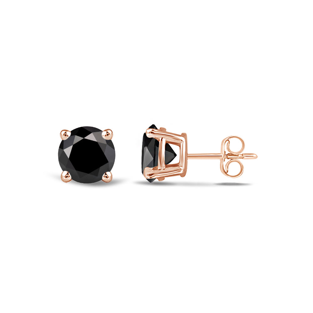 Classic Round Natural Black Diamond Four Prong Stud Earrings with 14KT Rose Gold / 1/2 Cut Diamond in 14KT Rose Gold / 1/2 view 4
