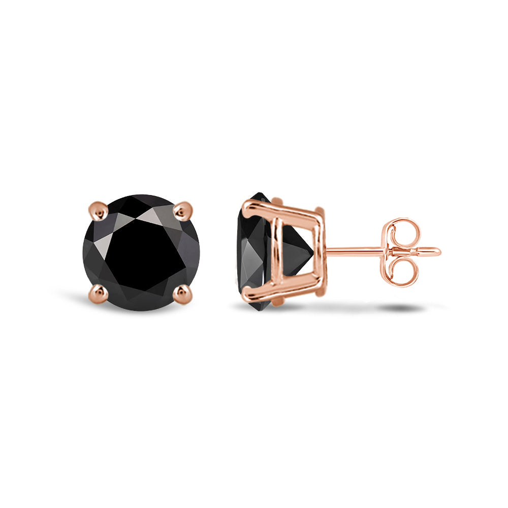 Classic Round Natural Black Diamond Four Prong Stud Earrings with 14KT Rose Gold / 1 1/2 Cut Diamond in 14KT Rose Gold / 1 1/2 view 4
