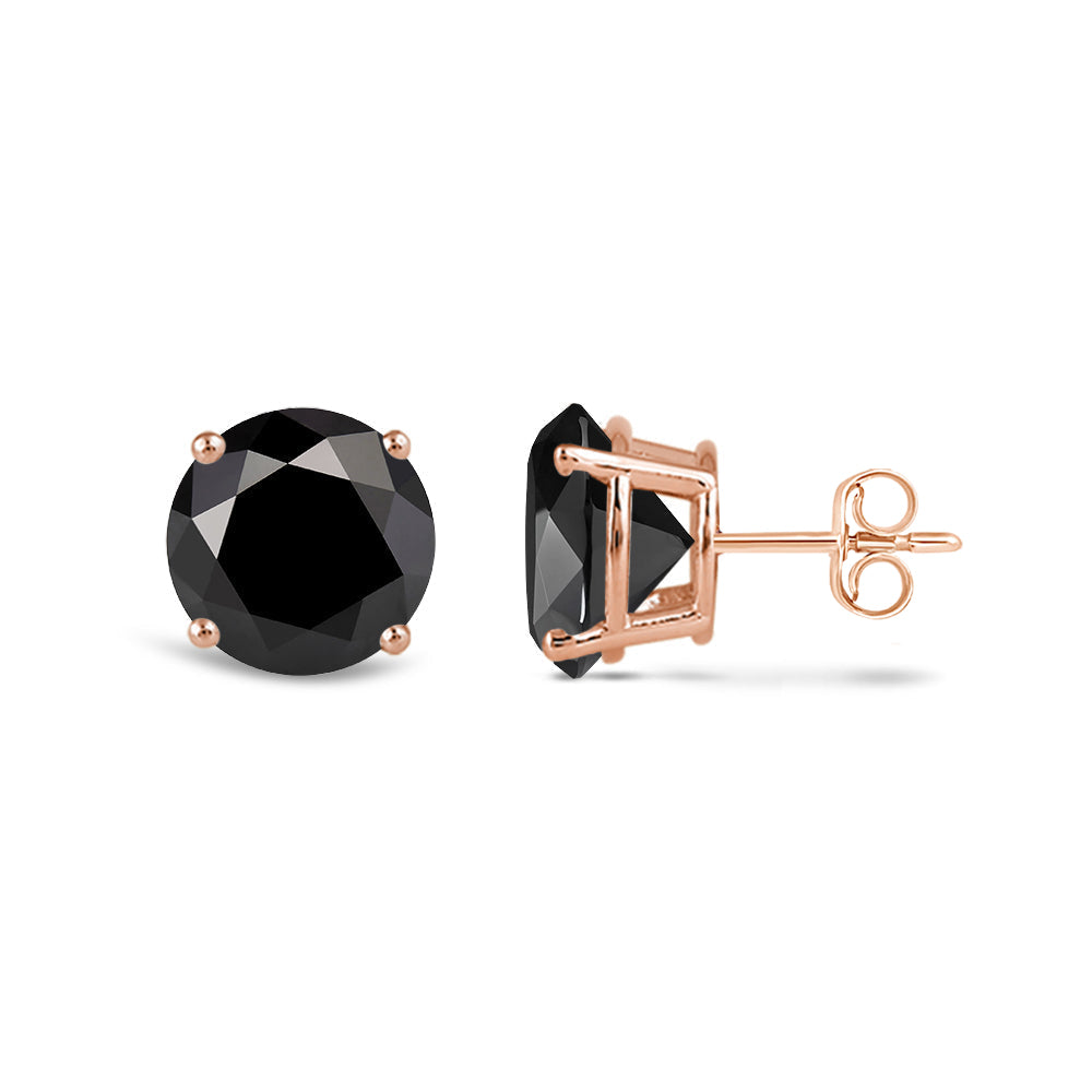 Classic Round Natural Black Diamond Four Prong Stud Earrings with 14KT Rose Gold / 2 Cut Diamond in 14KT Rose Gold / 2 view 4
