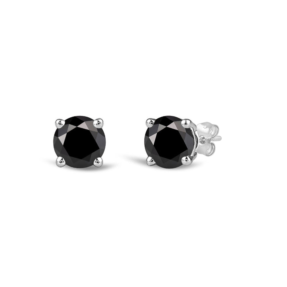 Classic Round Natural Black Diamond Four Prong Stud Earrings with 14KT White Gold / 1/2 Cut Diamond in 14KT White Gold / 1/2 view 1
