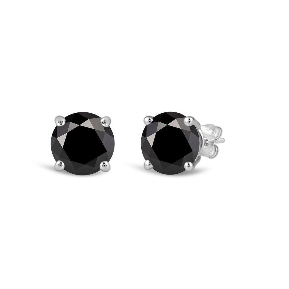 Classic Round Natural Black Diamond Four Prong Stud Earrings with 14KT White Gold / 1 Cut Diamond in 14KT White Gold / 1 view 1
