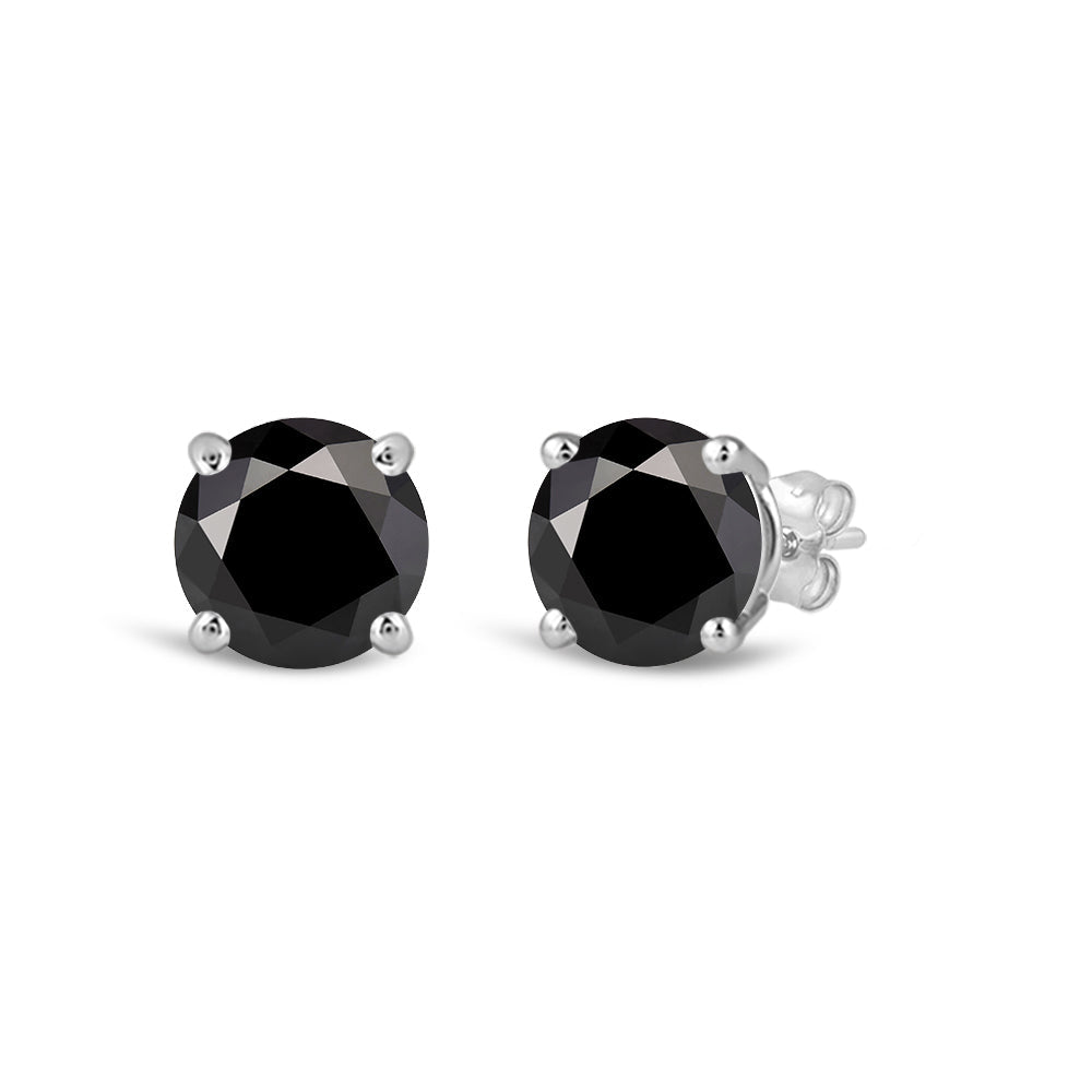 Classic Round Natural Black Diamond Four Prong Stud Earrings with 14KT White Gold / 1 1/2 Cut Diamond in 14KT White Gold / 1 1/2 view 1
