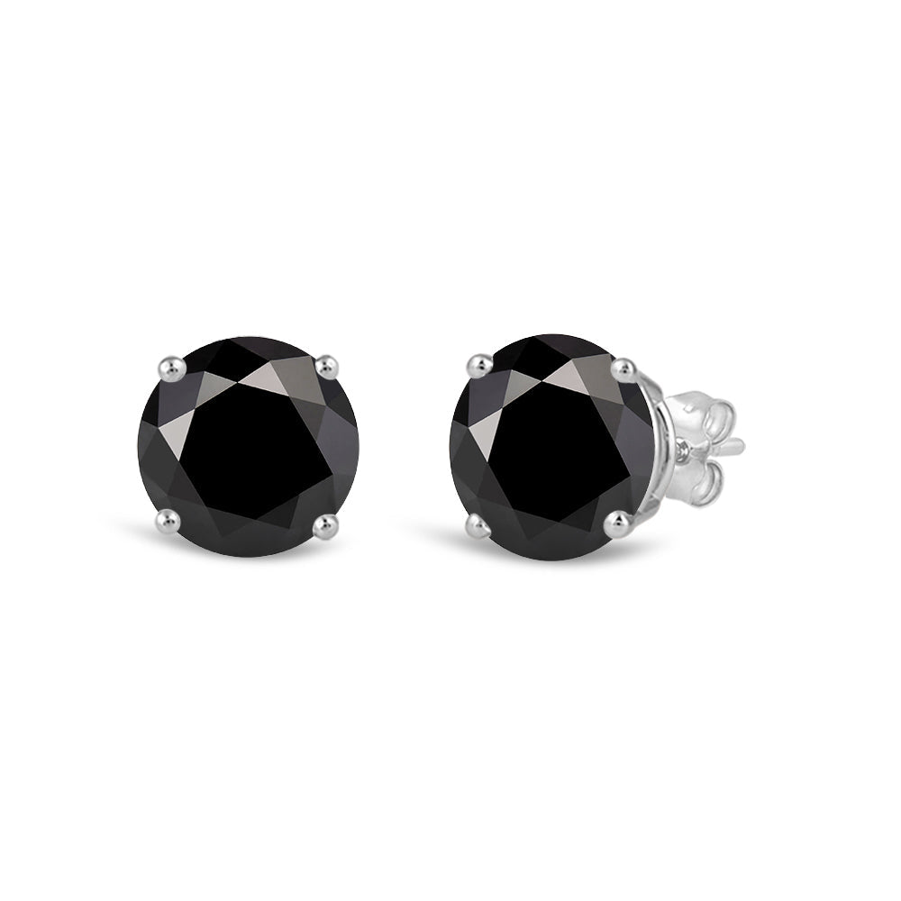 Classic Round Natural Black Diamond Four Prong Stud Earrings with 14KT White Gold / 2 Cut Diamond in 14KT White Gold / 2 view 1
