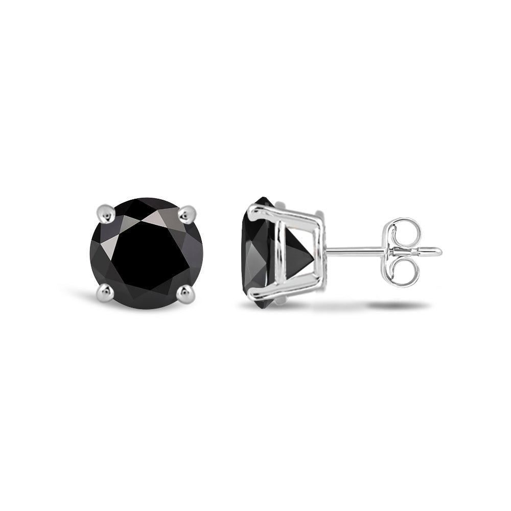 Classic Round Natural Black Diamond Four Prong Stud Earrings with 14KT White Gold / 1 Cut Diamond in 14KT White Gold / 1 view 4
