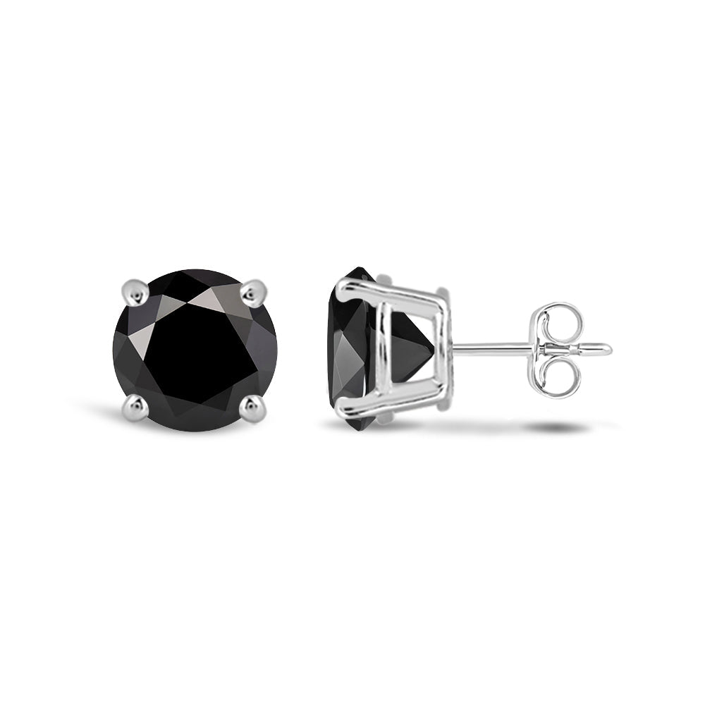 Classic Round Natural Black Diamond Four Prong Stud Earrings with 14KT White Gold / 1 1/2 Cut Diamond in 14KT White Gold / 1 1/2 view 4
