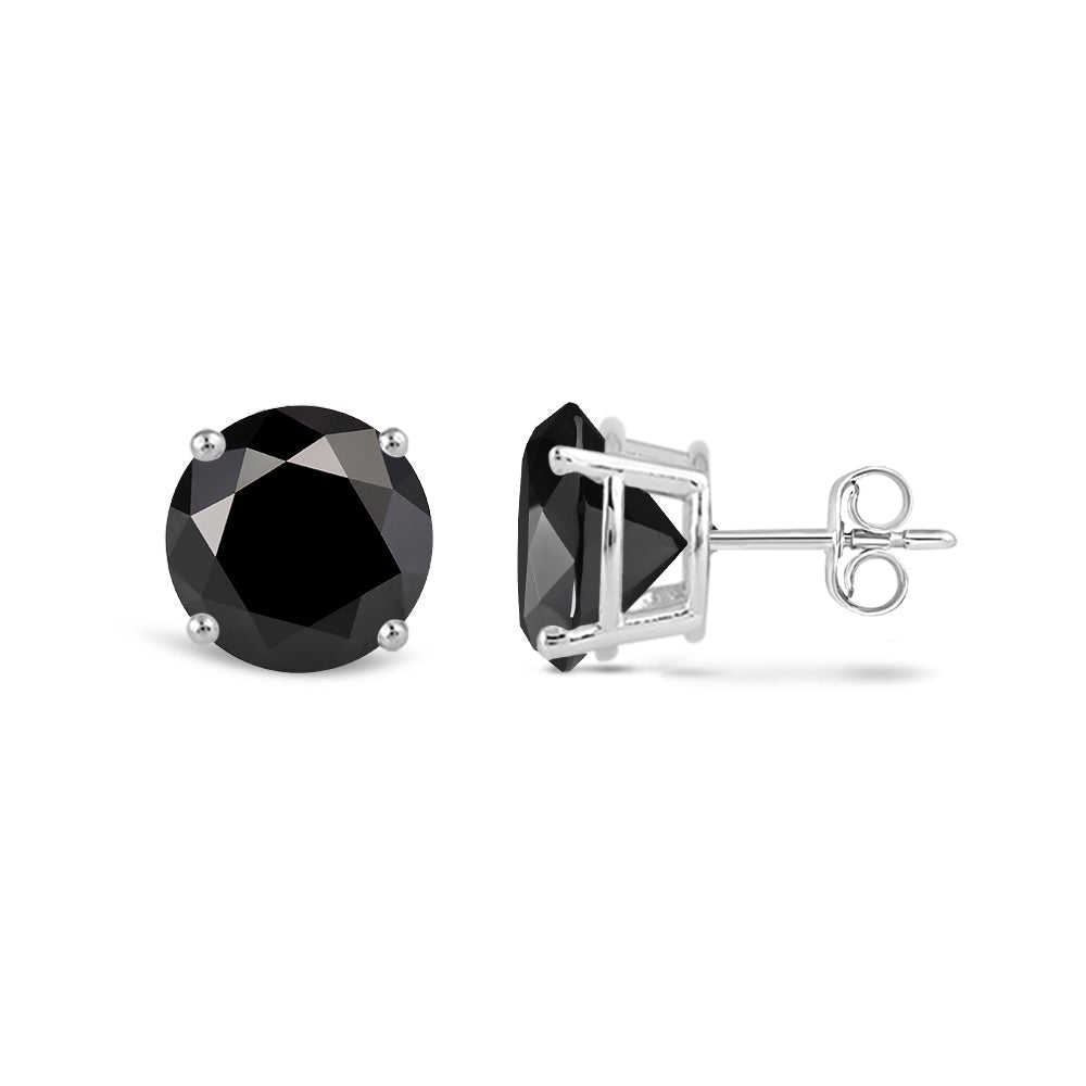 Classic Round Natural Black Diamond Four Prong Stud Earrings with 14KT White Gold / 2 Cut Diamond in 14KT White Gold / 2 view 4

