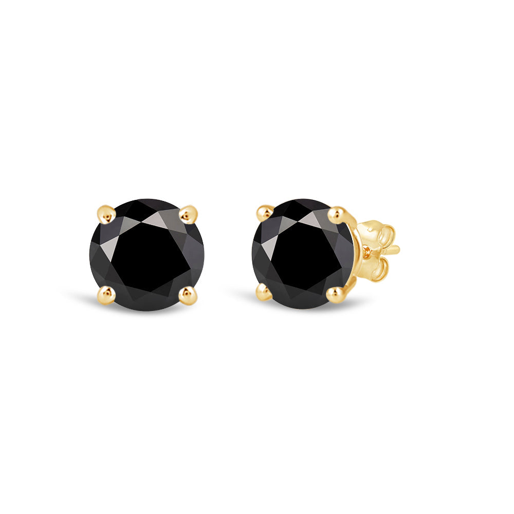 Classic Round Natural Black Diamond Four Prong Stud Earrings with 14KT Yellow Gold / 1 Cut Diamond in 14KT Yellow Gold / 1 view 1
