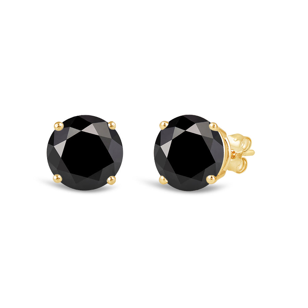 Classic Round Natural Black Diamond Four Prong Stud Earrings with 14KT Yellow Gold / 2 Cut Diamond in 14KT Yellow Gold / 2 view 1
