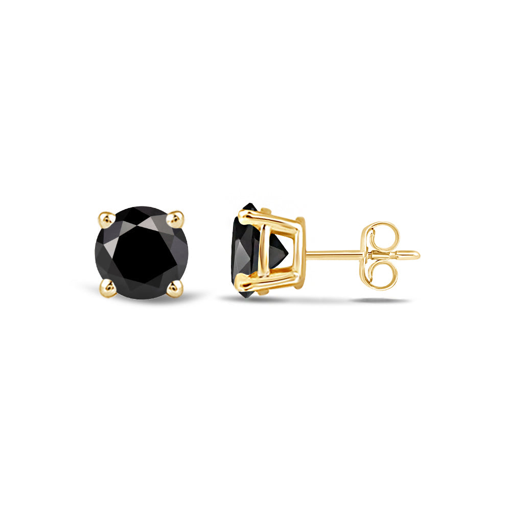 Classic Round Natural Black Diamond Four Prong Stud Earrings with 14KT Yellow Gold / 1/2 Cut Diamond in 14KT Yellow Gold / 1/2 view 4
