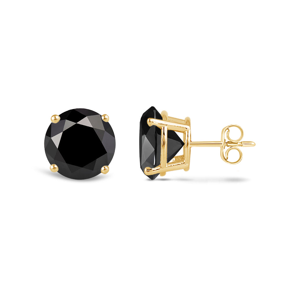 Classic Round Natural Black Diamond Four Prong Stud Earrings with 14KT Yellow Gold / 2 Cut Diamond in 14KT Yellow Gold / 2 view 4
