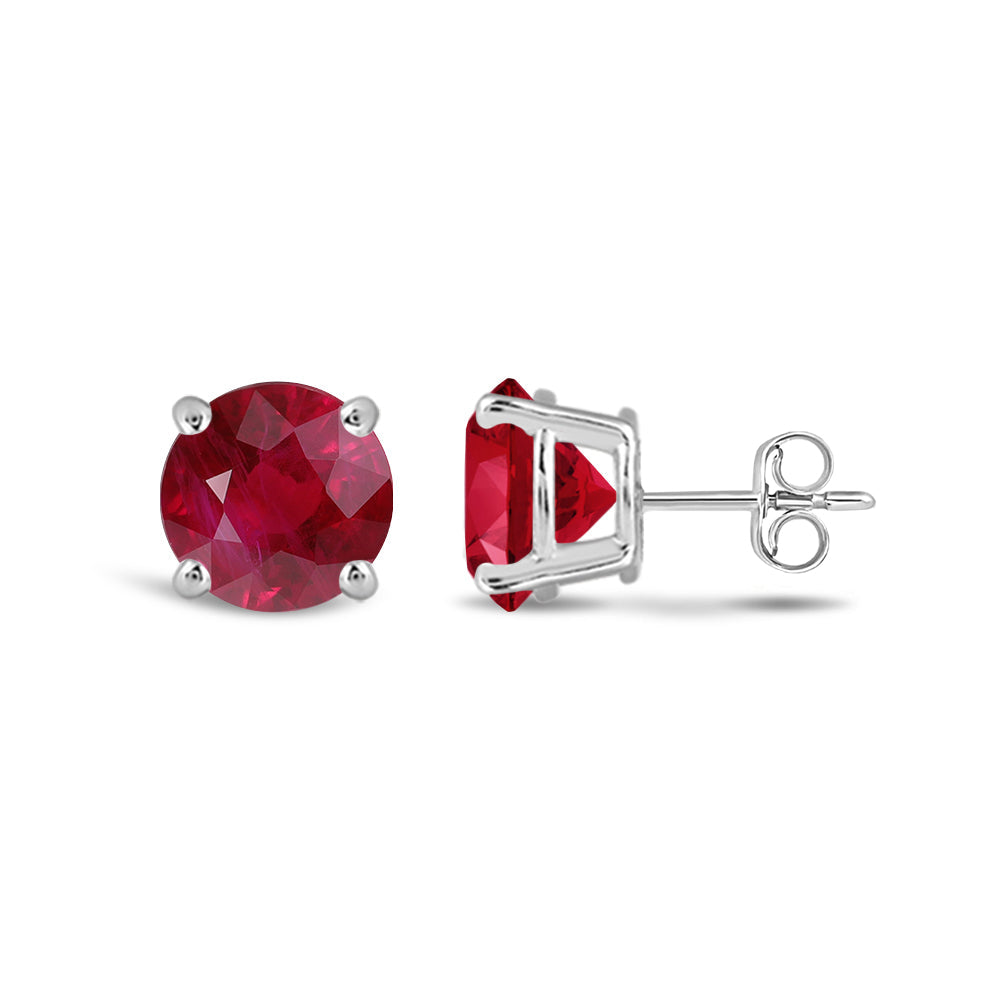 Classic Round Natural Ruby Four Prong Stud Earrings with 6 Cut Diamond in 14KT White Gold view 2
