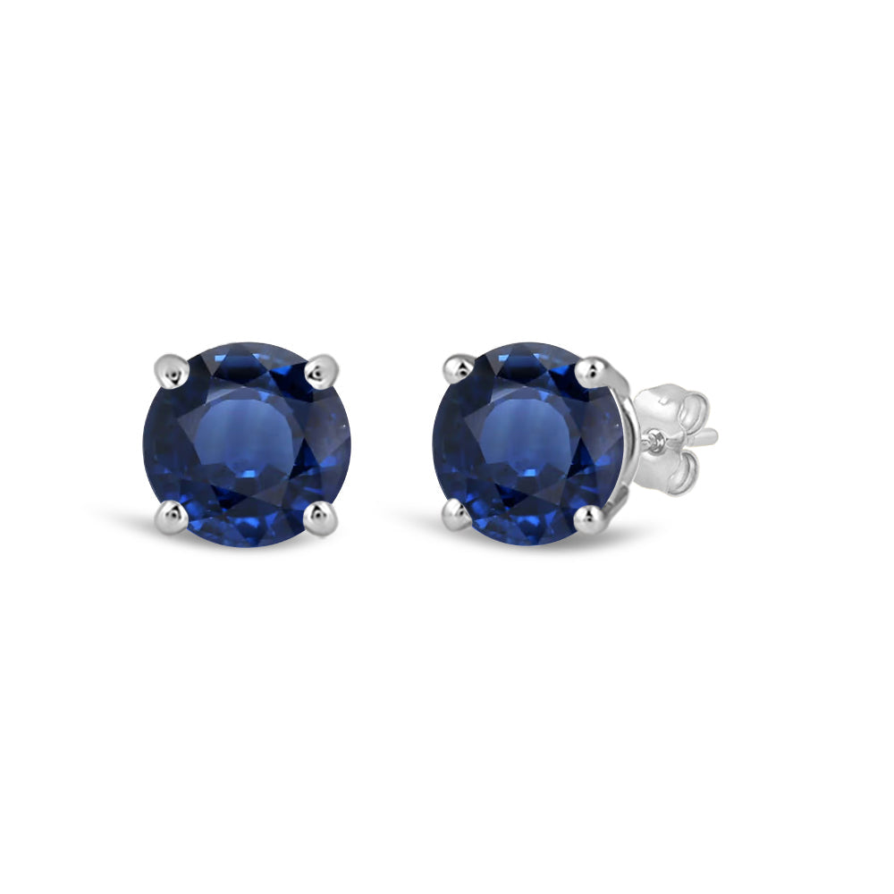 Classic Round Natural Blue Sapphire Four Prong Stud Earrings with 6 Cut Diamond in 14KT White Gold view 1
