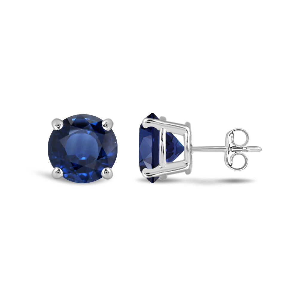 Classic Round Natural Blue Sapphire Four Prong Stud Earrings with 6 Cut Diamond in 14KT White Gold view 2
