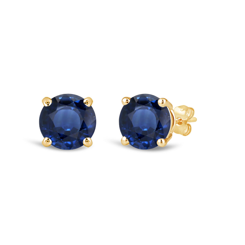 Classic Round Natural Blue Sapphire Four Prong Stud Earrings with 6 Cut Diamond in 14KT Yellow Gold view 1
