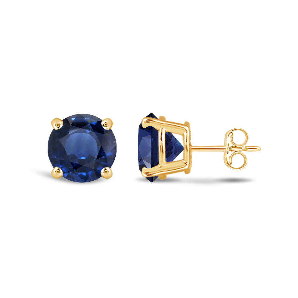 Classic Round Natural Blue Sapphire Four Prong Stud Earrings with 6 Cut Diamond in 14KT Yellow Gold view 2
