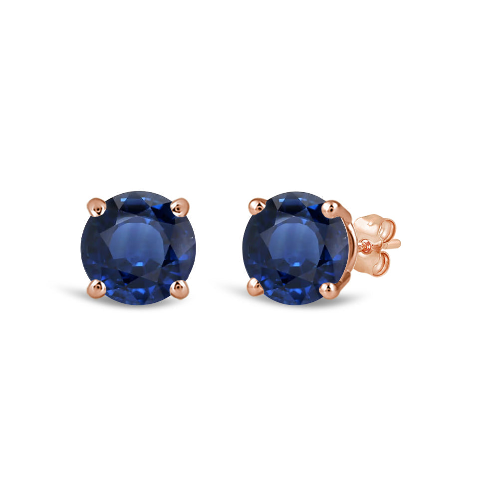 Classic Round Natural Blue Sapphire Four Prong Stud Earrings with 6 Cut Diamond in 14KT Rose Gold view 1
