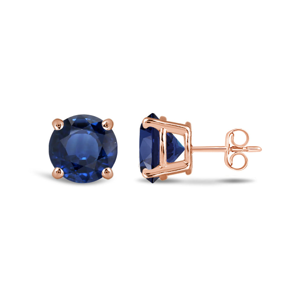Classic Round Natural Blue Sapphire Four Prong Stud Earrings with 6 Cut Diamond in 14KT Rose Gold view 2
