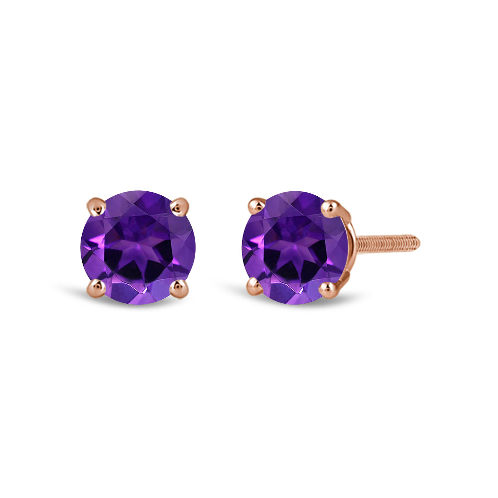 Classic Round Amethyst Four Prong Stud Earrings with 6 Cut Diamond in 14KT Rose Gold view 1
