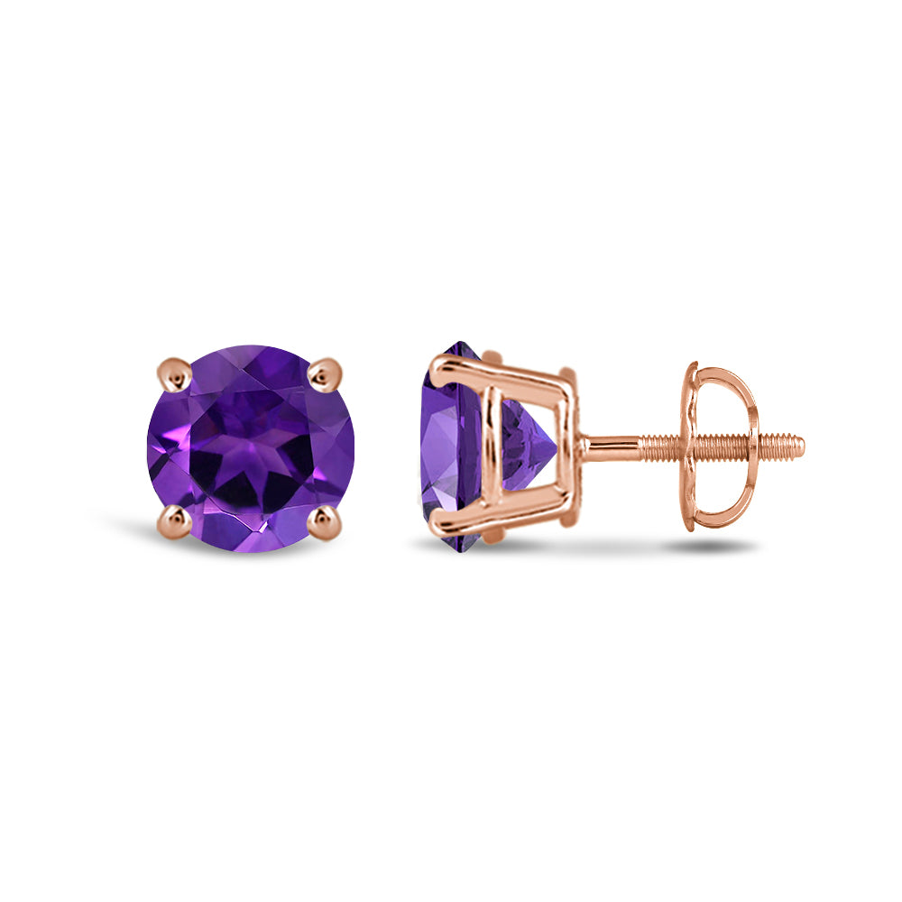 Classic Round Amethyst Four Prong Stud Earrings with 6 Cut Diamond in 14KT Rose Gold view 2

