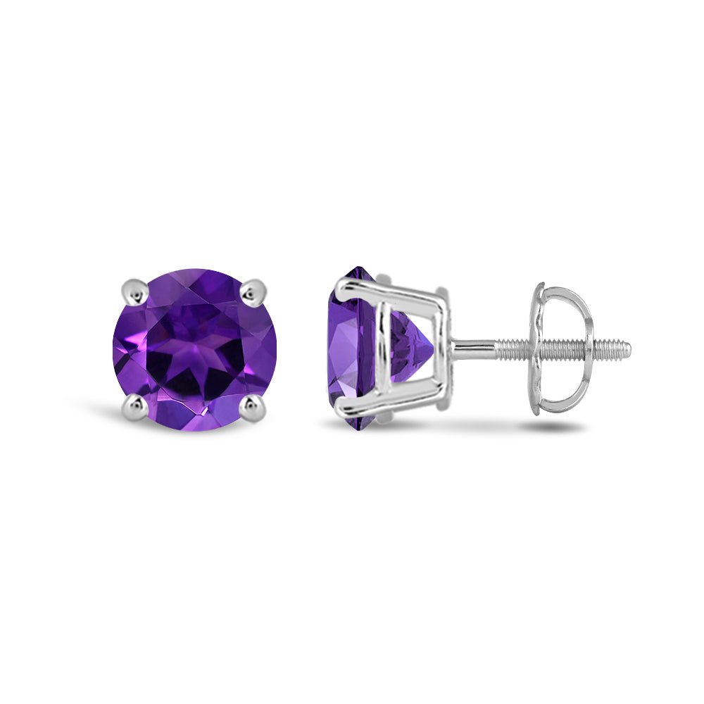 Classic Round Amethyst Four Prong Stud Earrings with 6 Cut Diamond in 14KT White Gold view 2
