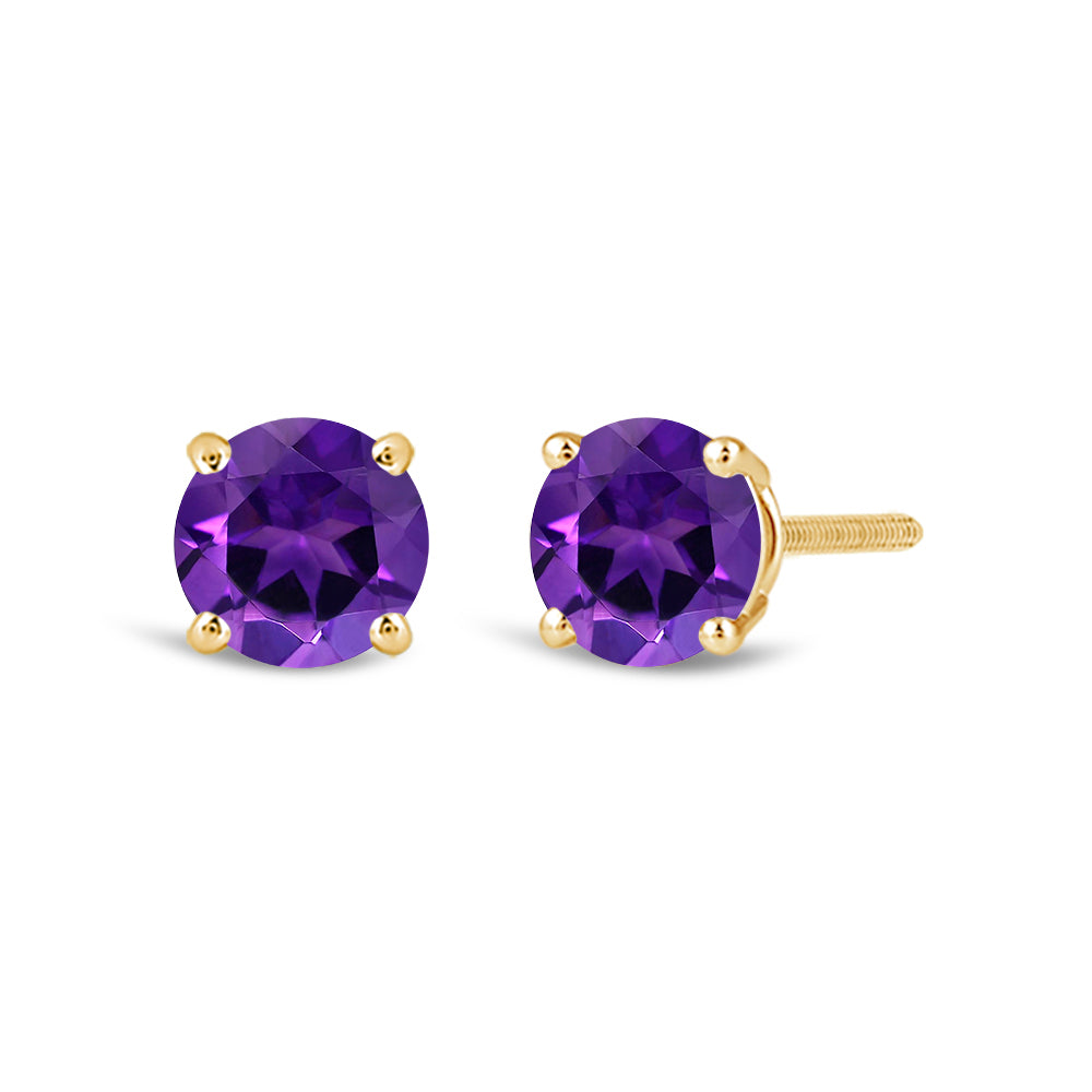 Classic Round Amethyst Four Prong Stud Earrings with 6 Cut Diamond in 14KT Yellow Gold view 1
