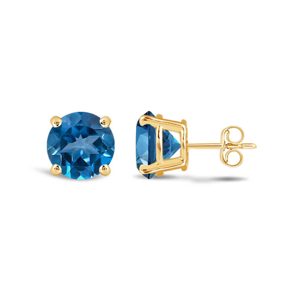 Classic Round London Blue Topaz Four Prong Stud Earrings with 6 Cut Diamond in 14KT Yellow Gold view 2
