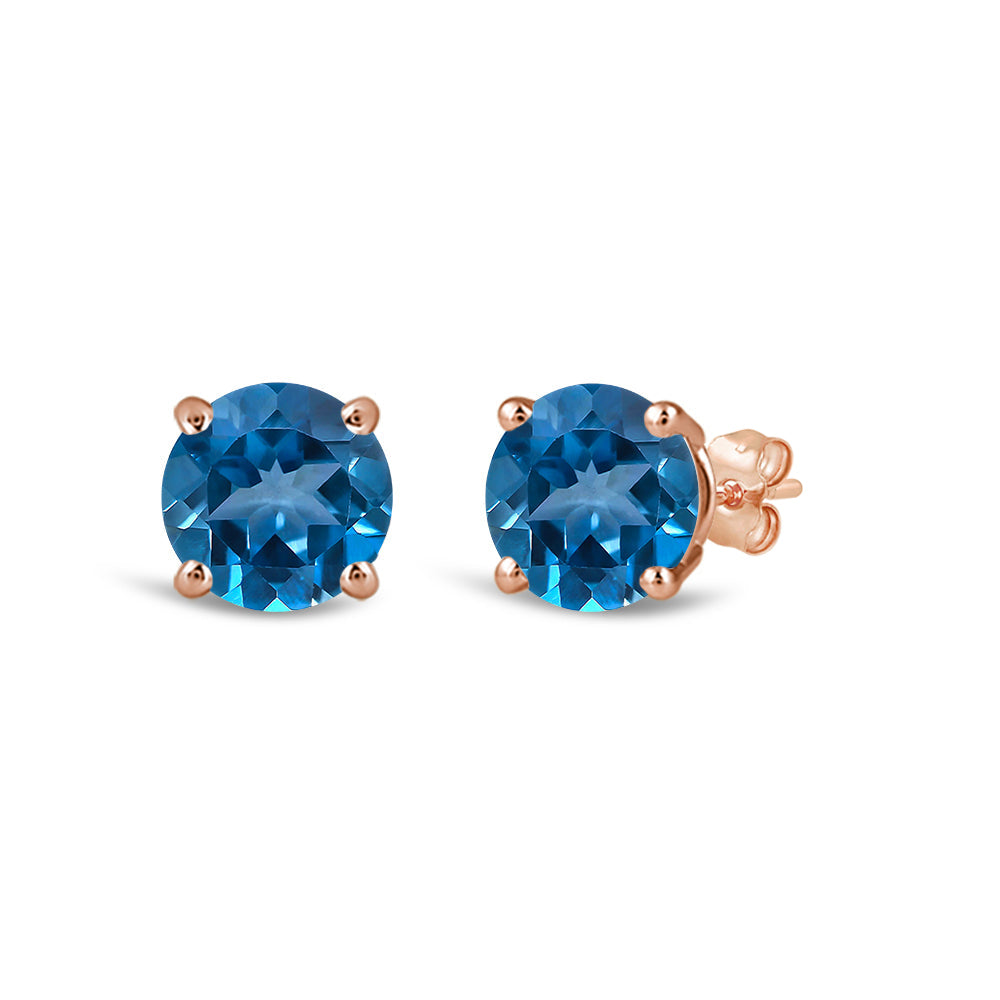 Classic Round London Blue Topaz Four Prong Stud Earrings with 6 Cut Diamond in 14KT Rose Gold view 1

