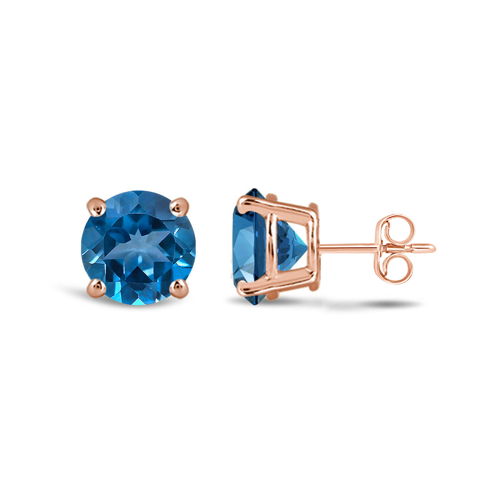 Classic Round London Blue Topaz Four Prong Stud Earrings with 6 Cut Diamond in 14KT Rose Gold view 2
