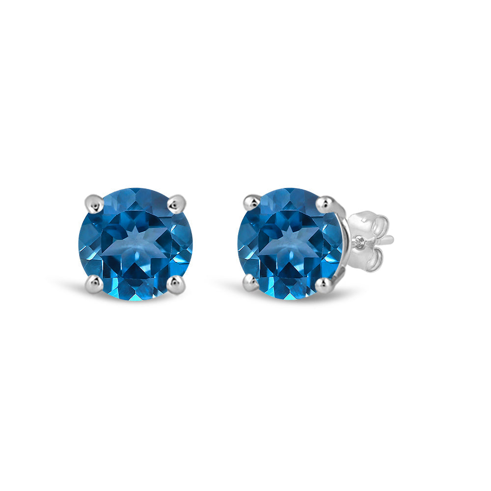 Classic Round London Blue Topaz Four Prong Stud Earrings with 6 Cut Diamond in 14KT White Gold view 1
