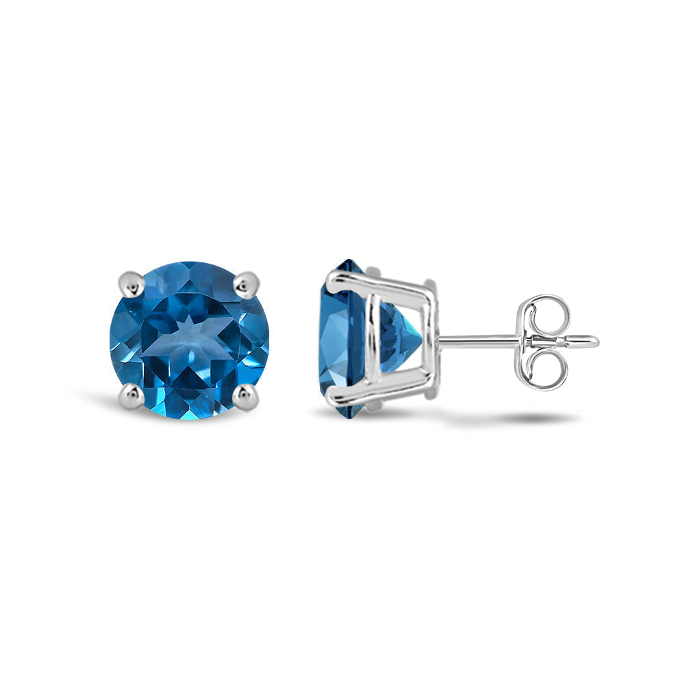 Classic Round London Blue Topaz Four Prong Stud Earrings with 6 Cut Diamond in 14KT White Gold view 2
