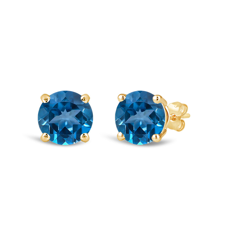 Classic Round London Blue Topaz Four Prong Stud Earrings with 6 Cut Diamond in 14KT Yellow Gold view 1
