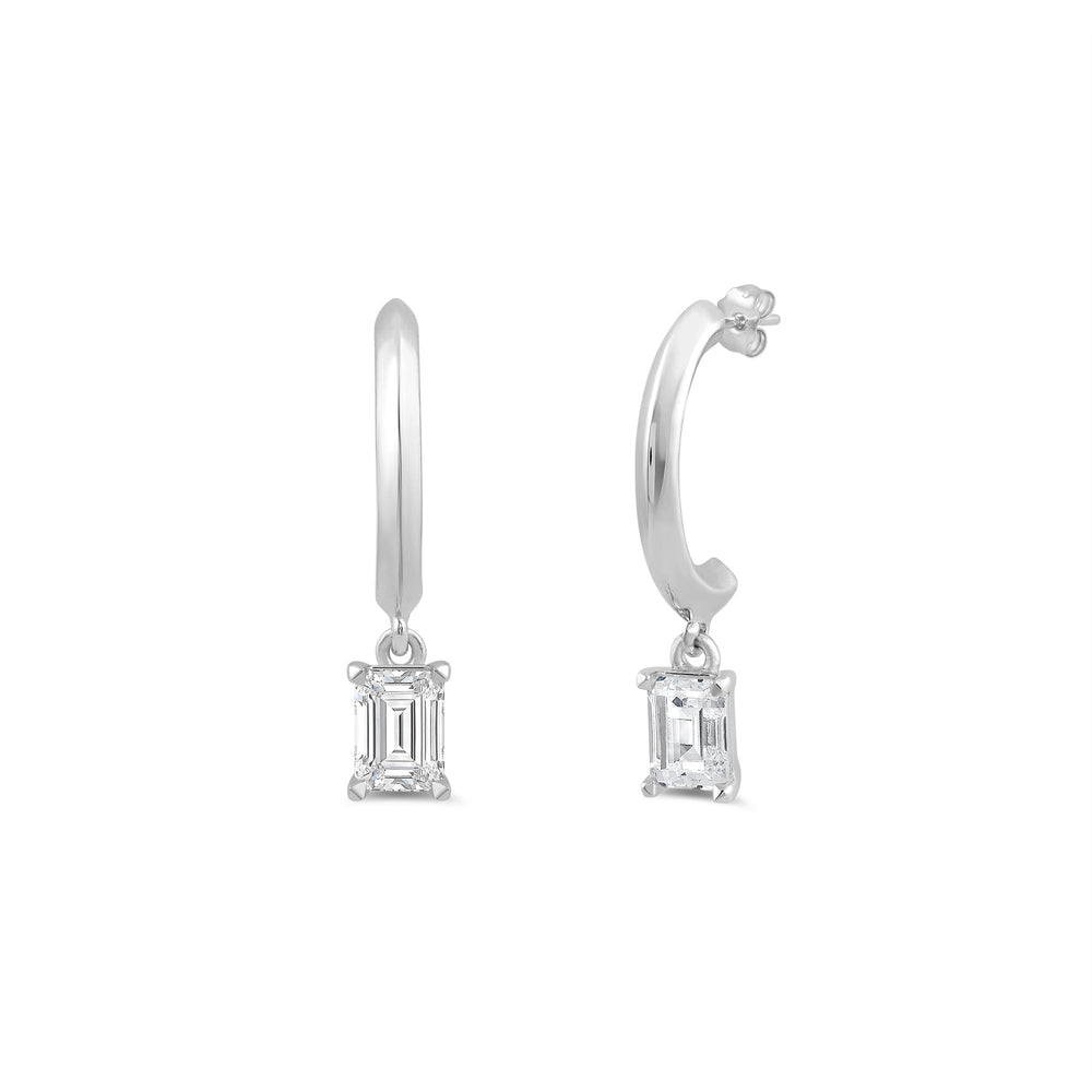 Emerald Diamond Drop Knife Edge Huggies with 14KT White Gold / Lab / 1/2 Cut Diamond in 14KT White Gold / Lab / 1/2 view 1
