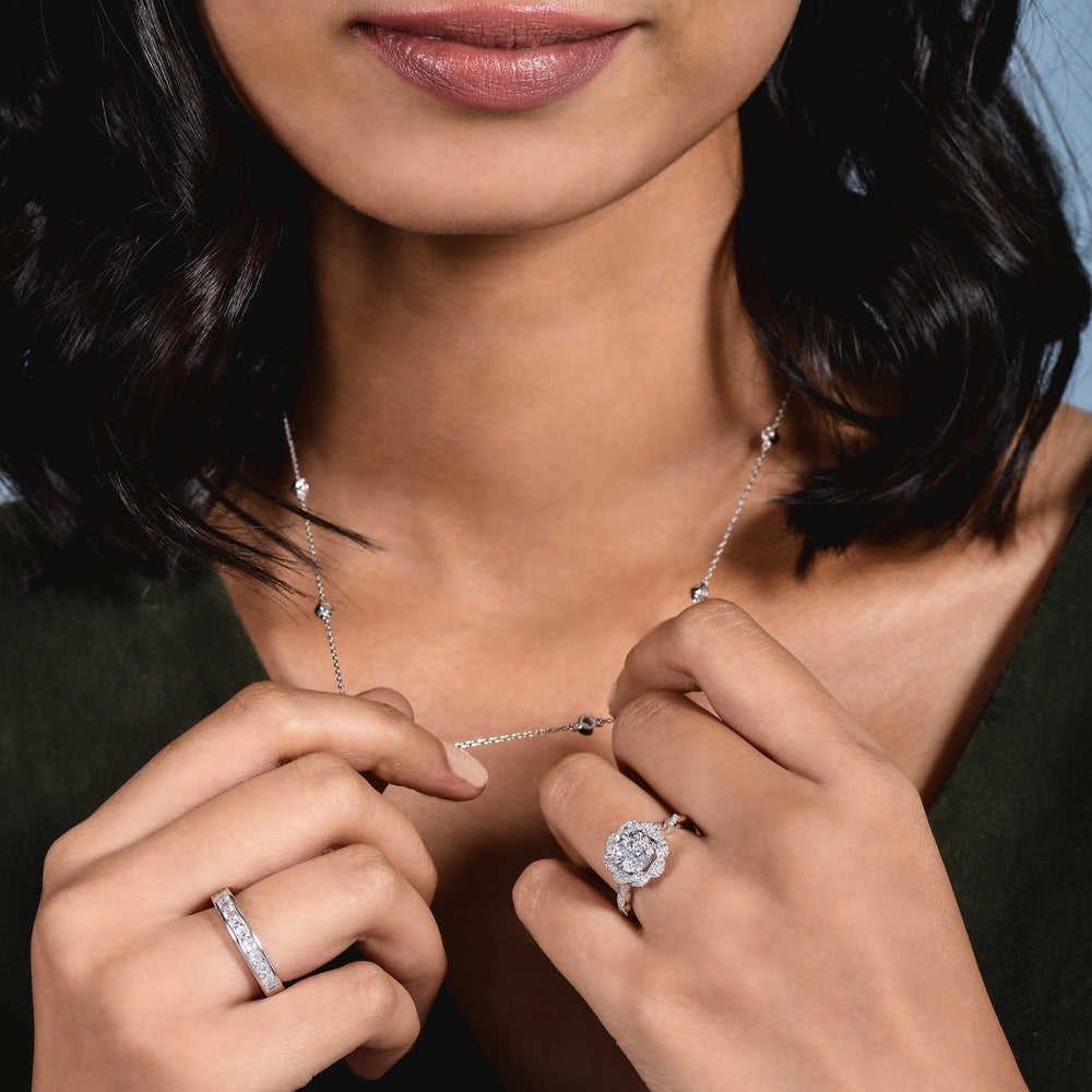 Model Wearing 2.51ct Round Vintage Floral Twisted Halo Diamond Lab Diamond Engagement Ring view