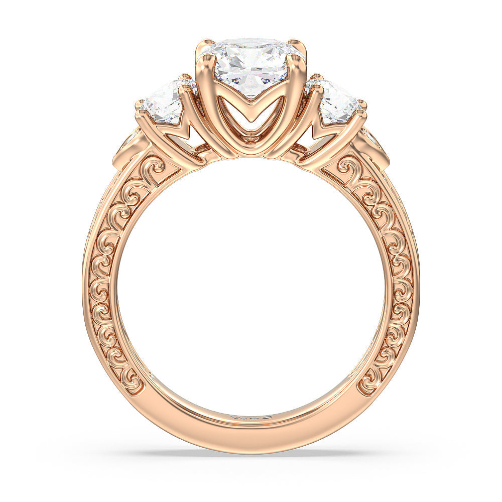 Cushion Cut Vintage Carved Tulip Three Stone Engagement Ring (E+ VVS+) with Lab Grown Diamond in 14KT Rose Gold view 2
