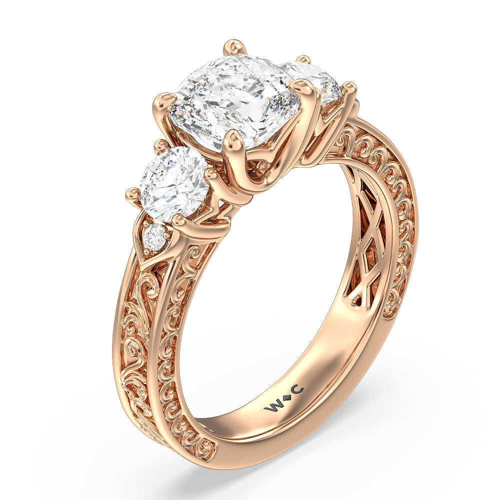 Cushion Cut Vintage Carved Tulip Three Stone Engagement Ring (E+ VVS+) with Lab Grown Diamond in 14KT Rose Gold view 3
