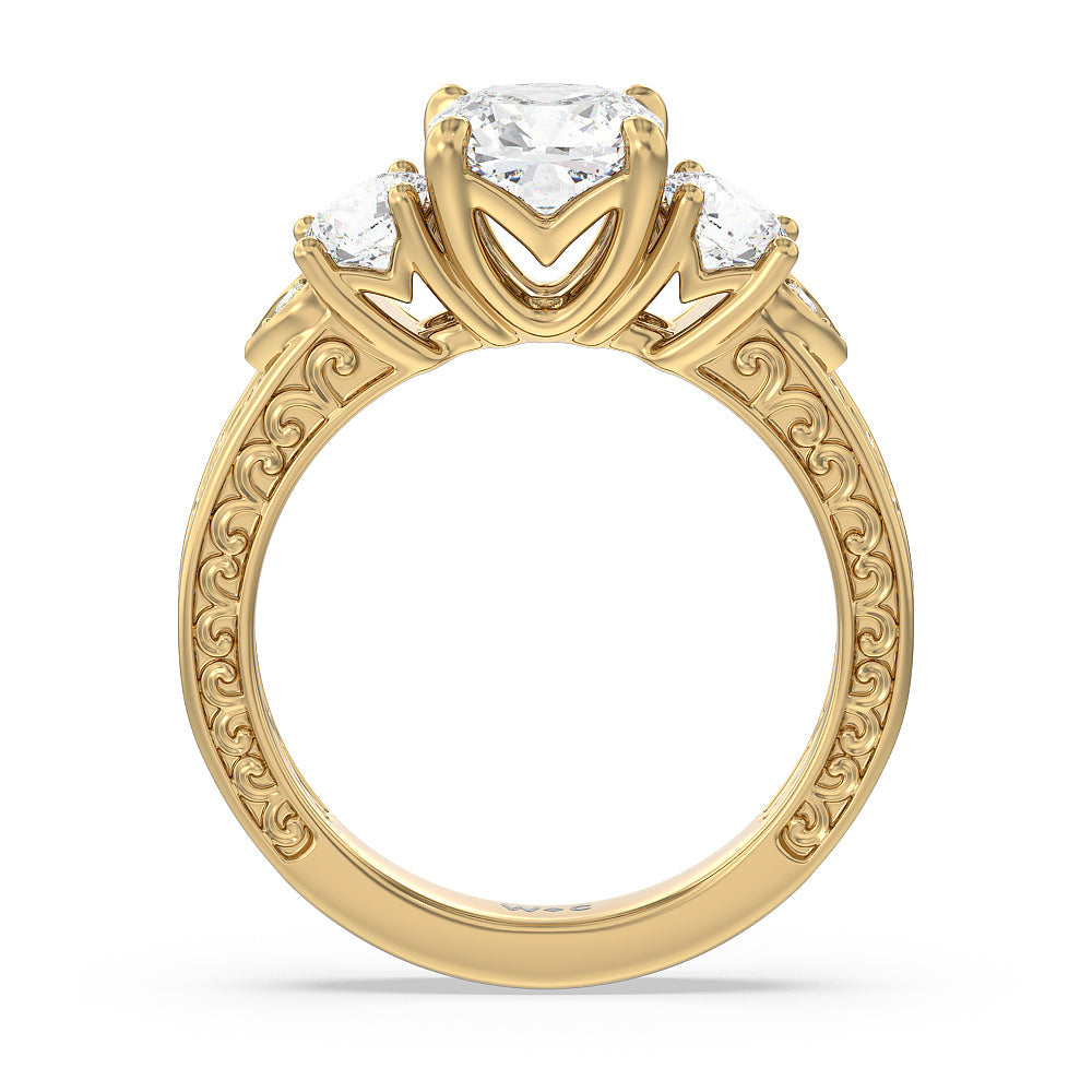 Cushion Cut Vintage Carved Tulip Three Stone Engagement Ring (E+ VVS+) with Lab Grown Diamond in 14KT Yellow Gold view 2

